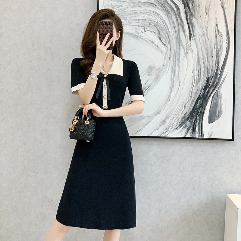 Socialite Chanel Style Ice Silk Knitted Dress Women's 2023 Summer New Short-sleeved A- line Mid-length Black Skirt