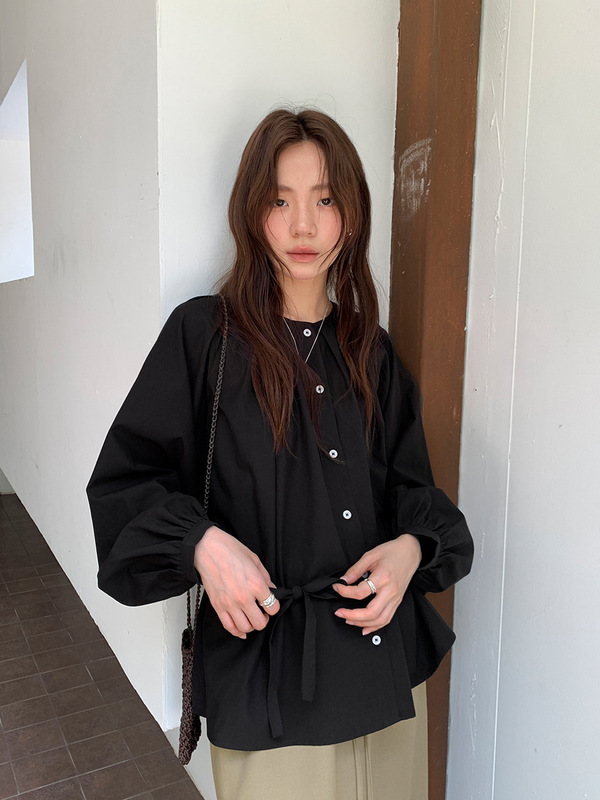 广州十三行2025秋韩宽松系绳收腰单排扣天丝圆领长袖衬衫女02821|undefined