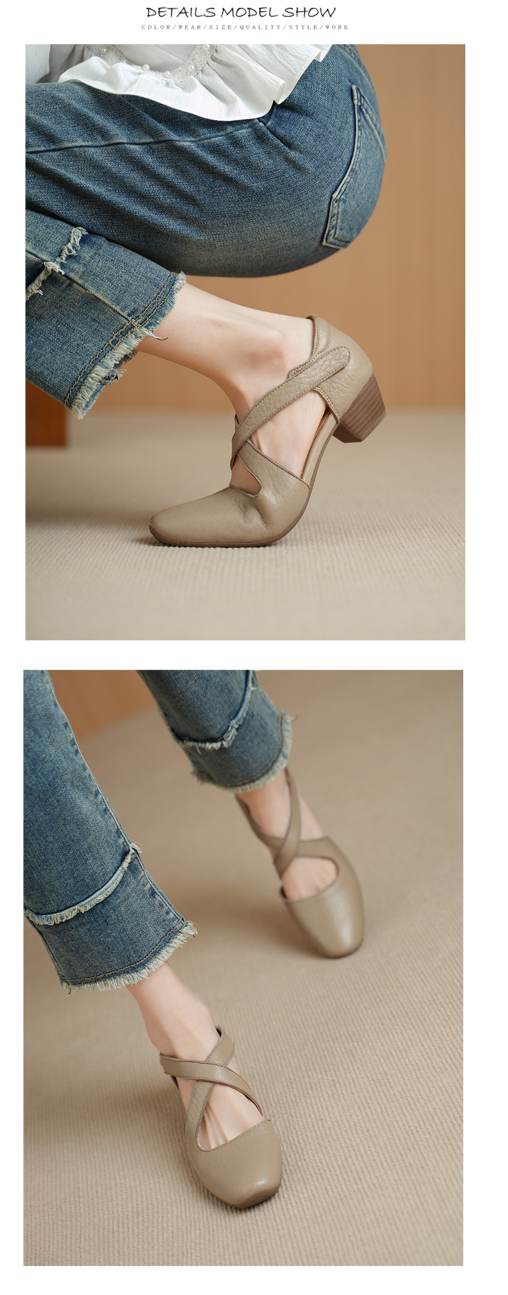 Sandal nữ da cừu mũi trùm gót vuông quai chéo dán — màu trắng ngà chi tiết 9