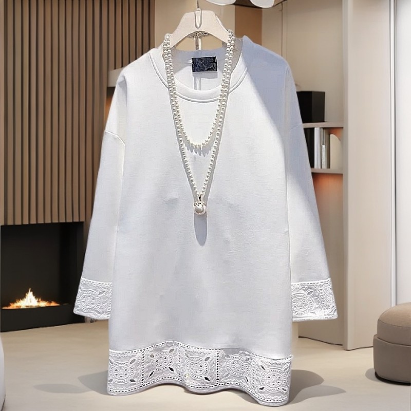 2025 Autumn New Style Fashionable and Elegant Versatile Loose Fit Slimming Round Neck Long Sleeve Lace Trim Mid-Length Top for Women