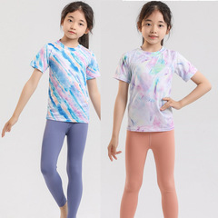 Summer thin breathable quick-drying girls' and children's printed yoga tops short sleeve T-shirts sports fitness clothes morning running