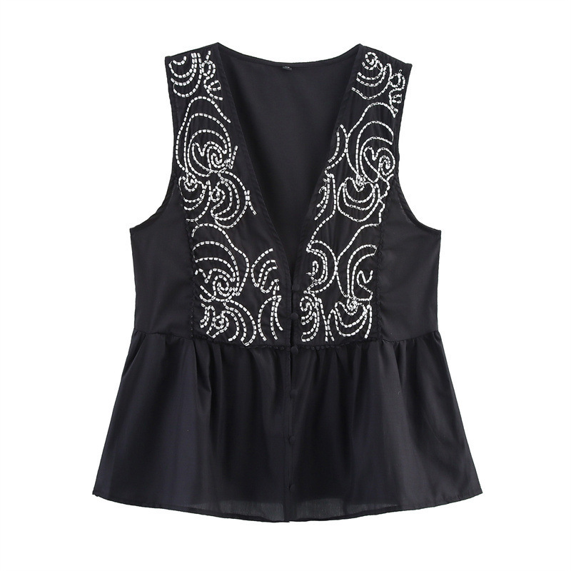 Foreign Trade 2025 Summer New European and American Style Women's Fashion Casual Simple Sleeveless Lace Embroidered Shirt 3666075
