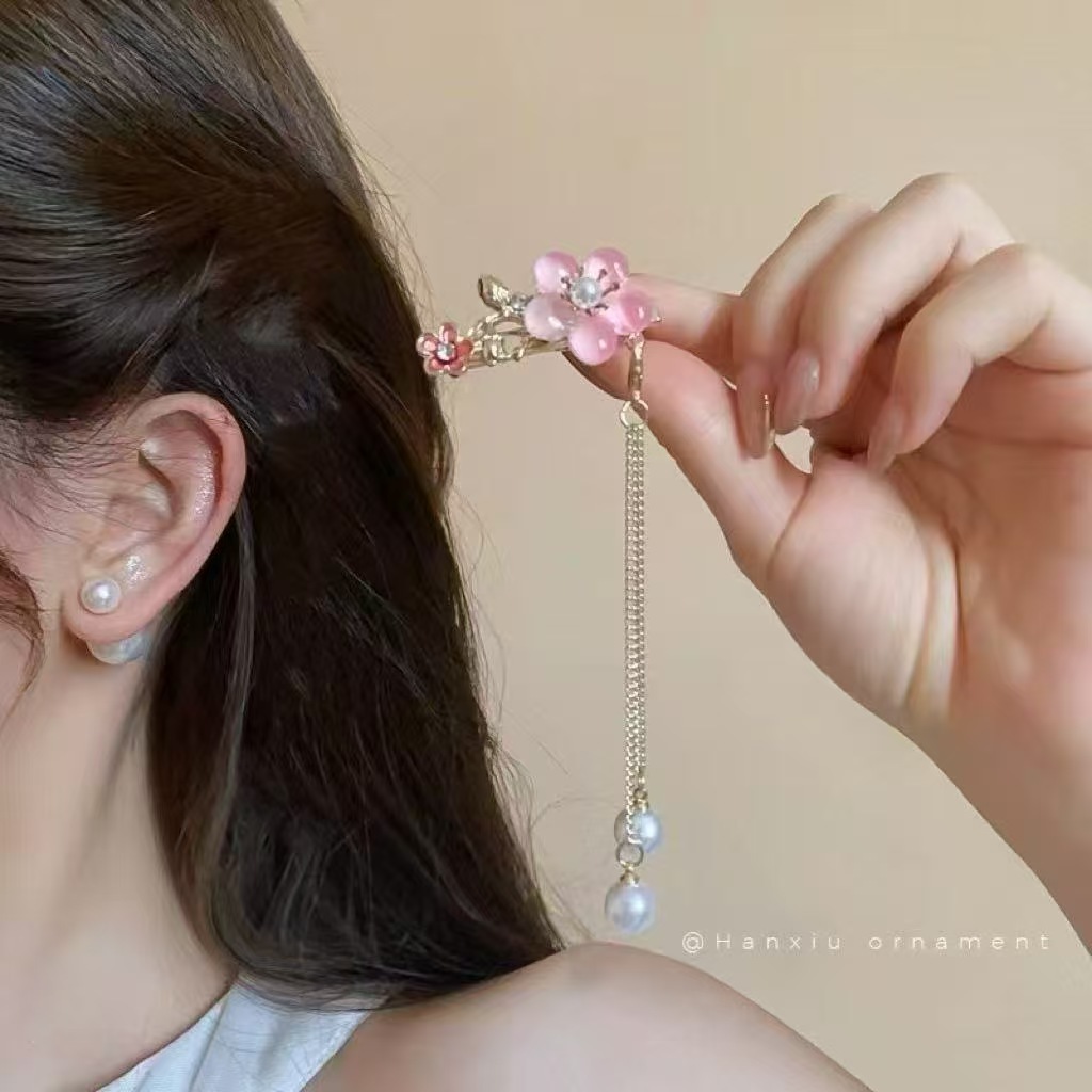 Ancient Style Ink Painting Fan Hairpin Female Lotus Tassel Pendant Duckbill Clip Side Bangs Clip Han Dynasty Clip Headdress