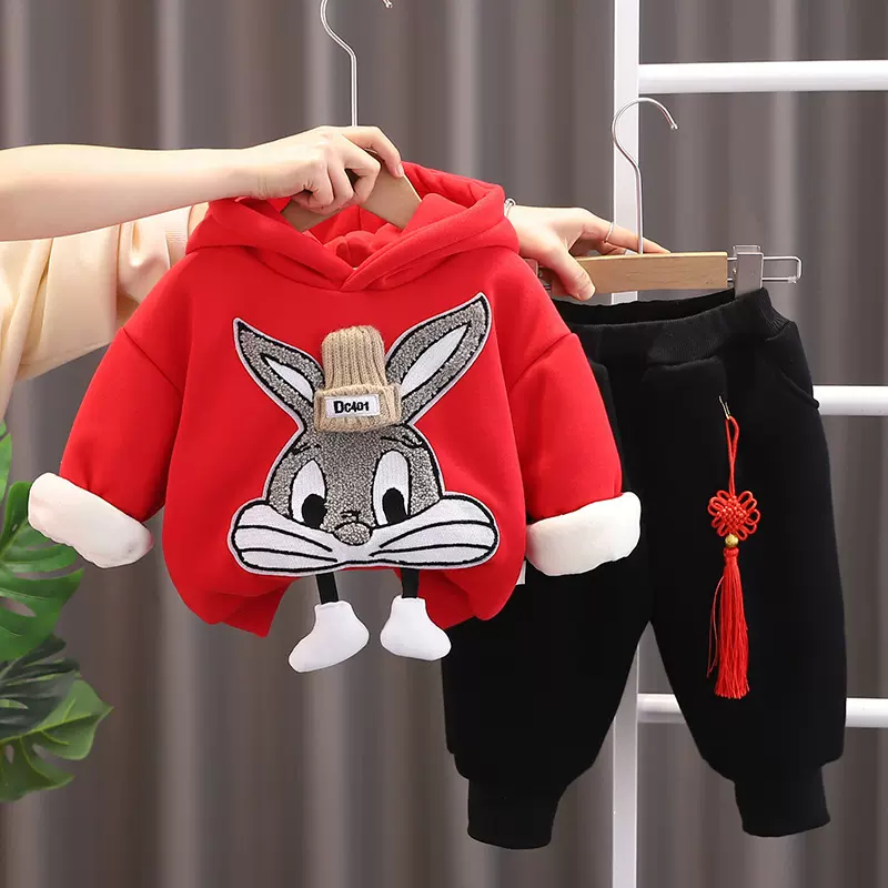 兔年拜年服男童女童冬季冬款女宝宝加绒加厚套装过年新年衣服潮