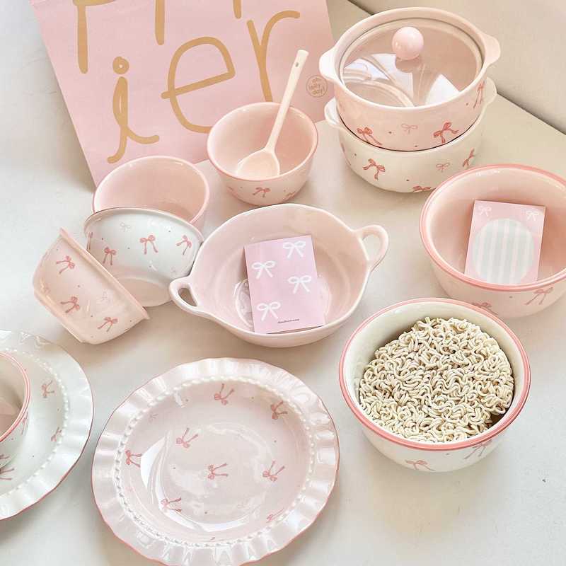 ピンクインスタイルリボンセラミック食器セットヌードルボウル家庭用ライスボウルプレート釉下色が女の子のハートに映えます|undefined