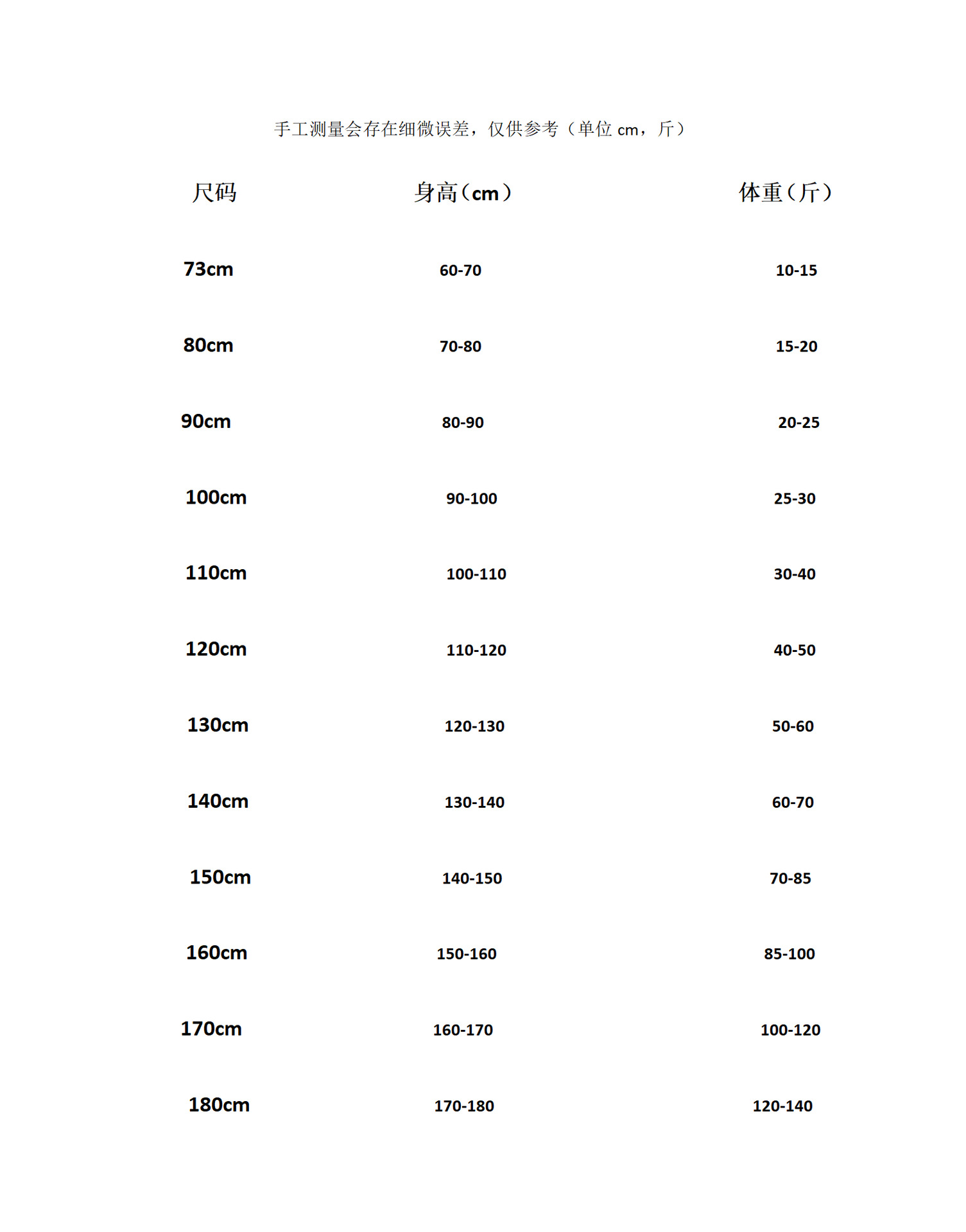 尺码表