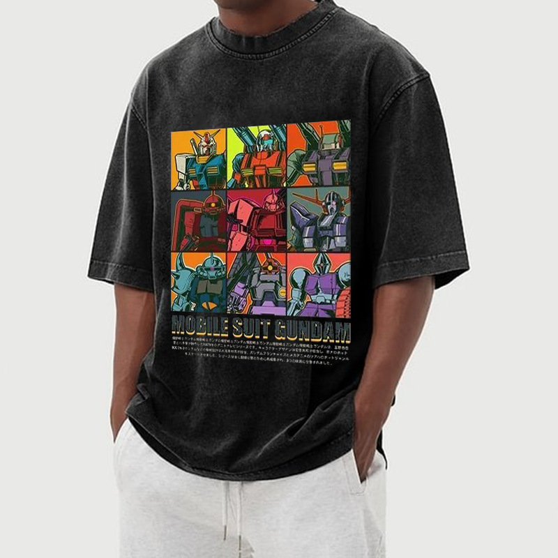 Men's T-Shirt Oversized Retro Washed Gundam Anime Graphic Print Summer 2025 Women's Short Sleeve T-Shirt Millennium
