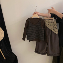 女童秋冬韩版2025新款薄绒打底衫条纹背心屁帘加绒休闲裤三件套潮