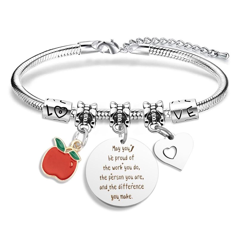 Stainless Steel Engraved Bracelet Teacher's Day Apple Bee Birthstone Heart Round Pendant Bracelet Teacher's Day Apple Bracelet Stainless Steel Engraved Bracelet Teacher's Day Apple Bee Birthstone Heart Round Pendant Bracelet Teacher's Day Apple Bracelet