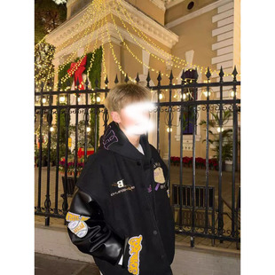 American Trendy Vibe Baseball Jacket for Men, Spring Letter Embroidery Coat with Pu Leather Patchwork Sleeves Flight Jacket