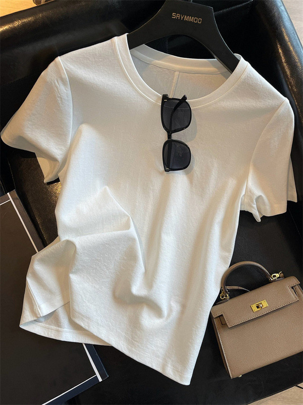 素晴らしい商品！シルクアセテート立体裁断ラウンドネック右肩無地半袖レディースTシャツ2025春夏 G033120|undefined