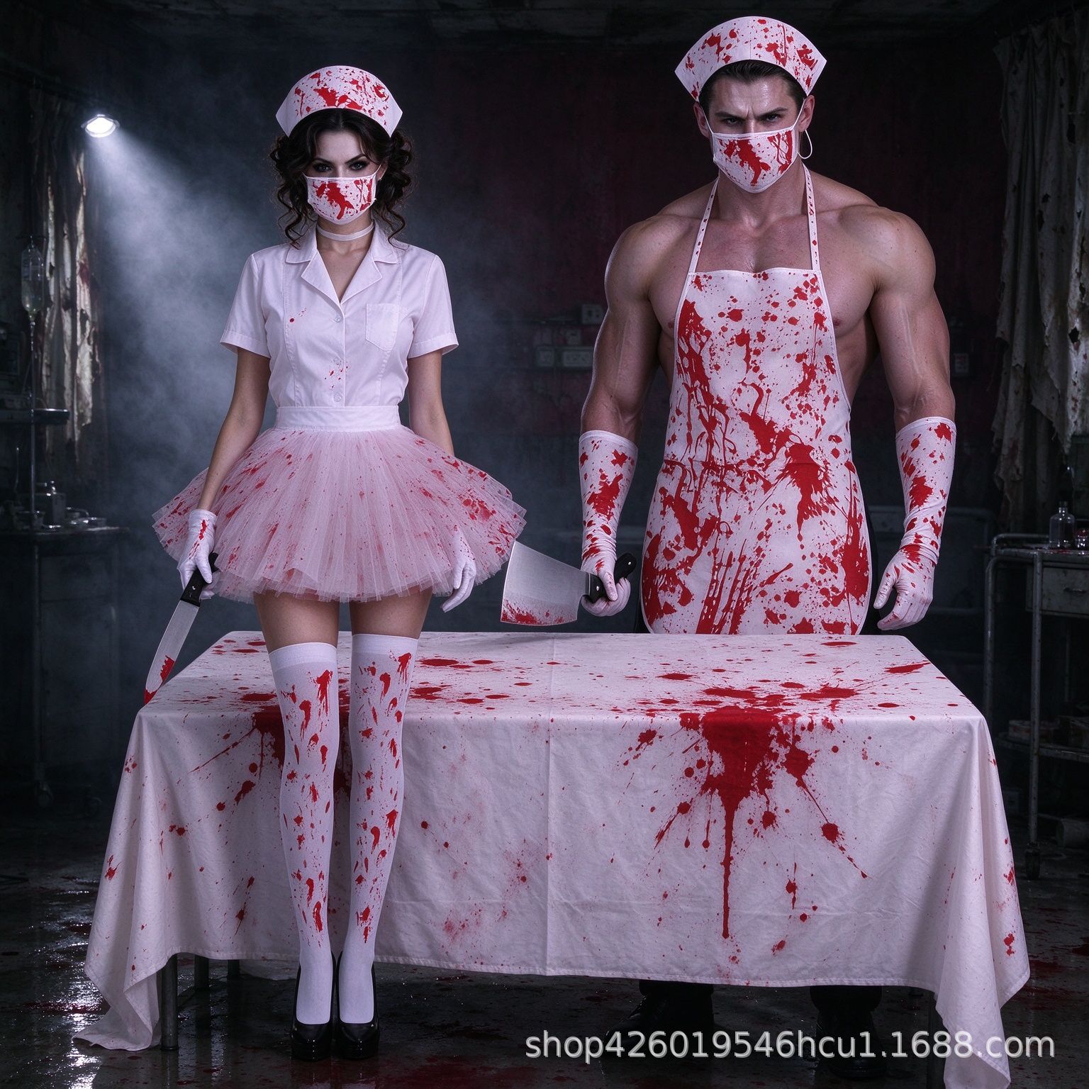 Halloween Blood-Stained Apron Set, Scary Blood-Print Gloves and Skeleton Bib, Haunted House Escape Room Party Blood-Stained Tablecloth