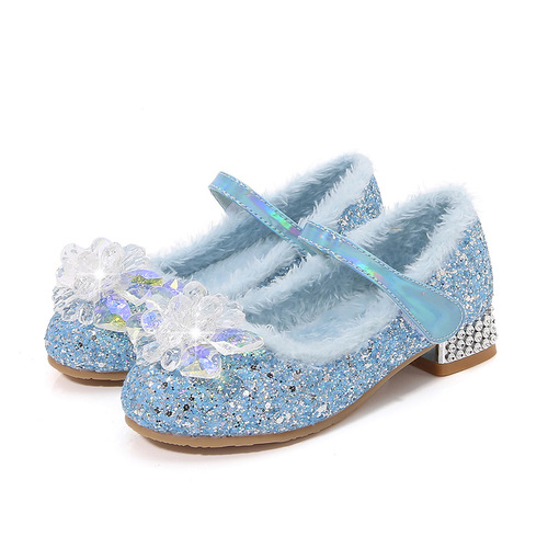 Girls high-heeled cotton shoes  autumn and winter new plus velvet warm furry Elsa crystal princess shoes one-word strap children's shoes