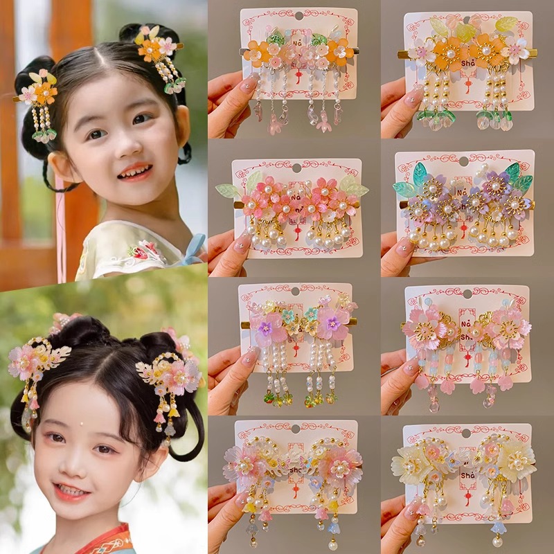 Niños vestidos de estilo antiguo para el cabello Hanfu flores bordas niñas super inmortales tarjeta de cabello tocado de estilo chino arco clip