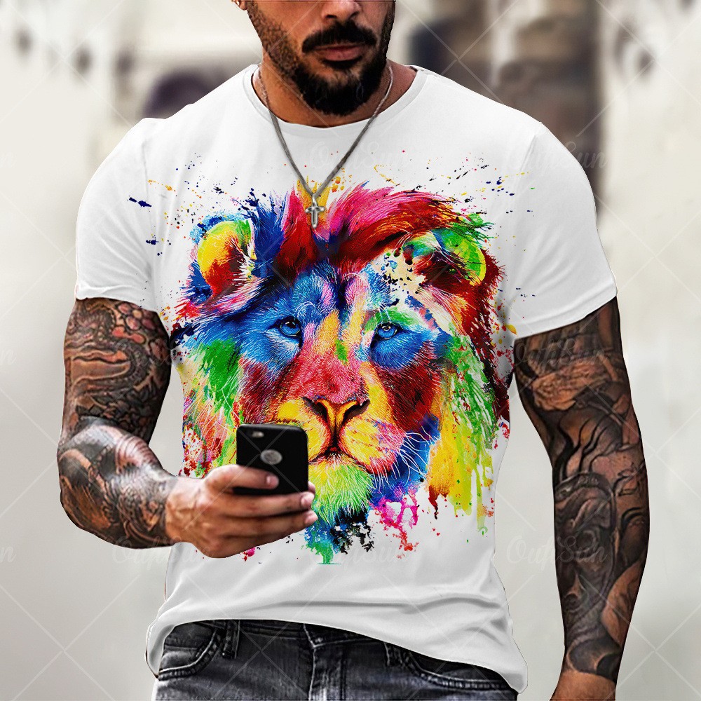 Arte abstracto pintura al óleo colorida león 3d impresión digital para hombres moda callejera transpirable suelta camiseta de manga corta