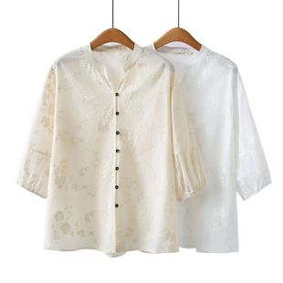2025 plus size Spring and Summer New 100.00kg chubby girl Casual Vintage Jacquard Seven-point Sleeve Long Shirt Women's 7198