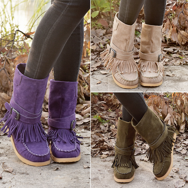 Winter Women's Mid Calf Boots Size 43 Plus In Stock European American Style Flat Belt Buckle Tassel Shoe_voghion.com