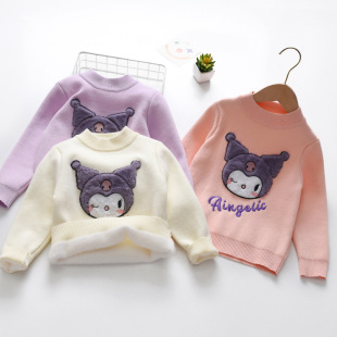Children's clothing girls' fleece-lined thickened cartoon patch embroidered sweater one-piece delivery Korean style children's cotton thread bottoming sweater
