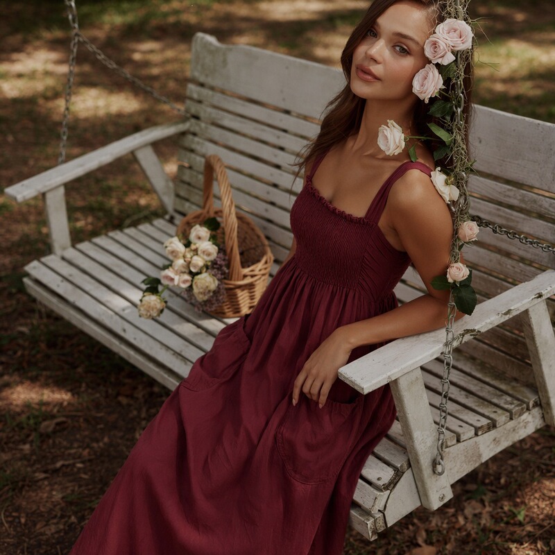 New Style Long Dress, Slimming, Summer French Style, Fresh and Casual, Foreign Trade, Waist-Cinching, Loose-Fitting, Vacation Cotton-Linen Strap Dress