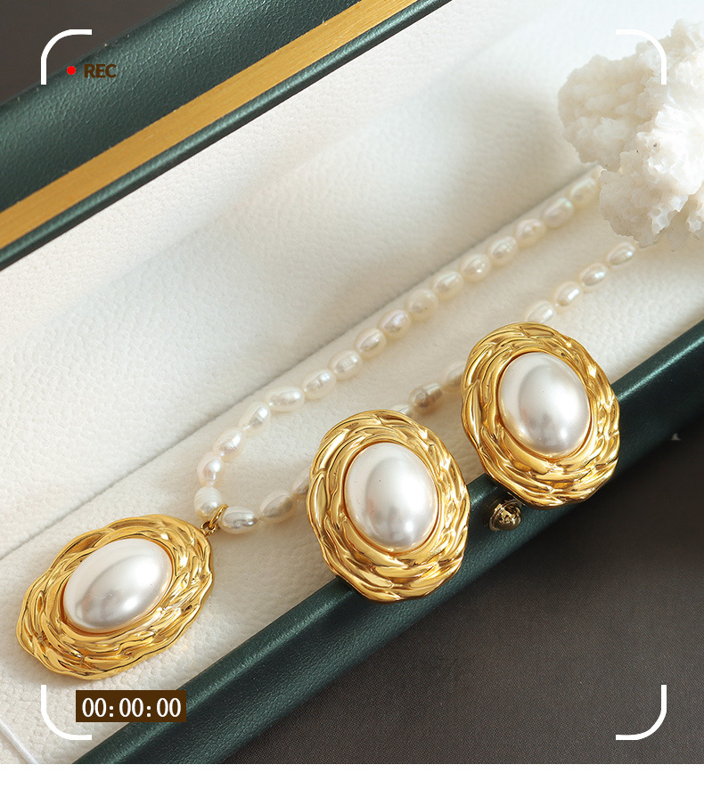 22g Weight PVD Coated Real Gold Plated 18K Gold Oval 304 Stainless Steel Retro Waterproof Non Tarnish Earrings Necklace