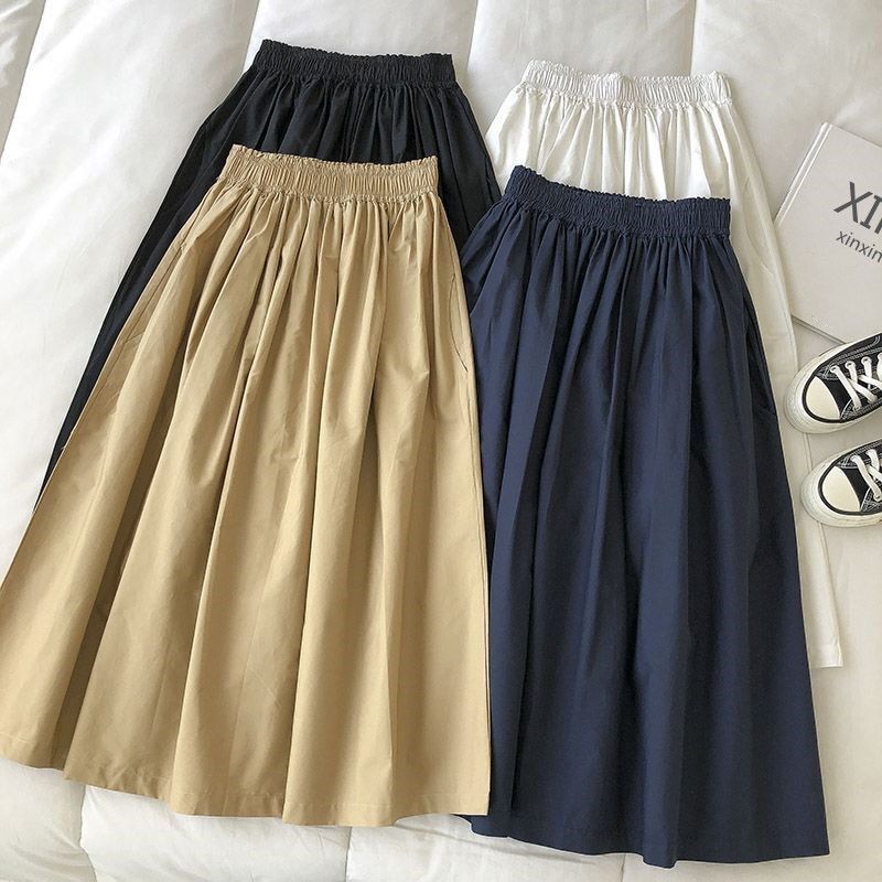 Plus-Size Women's Skirt 2026 Summer Elastic Waist Casual Solid Color Versatile A-Line Skirt for Plus-Size Women Hong Kong Style Slimming Mid-Length Skirt