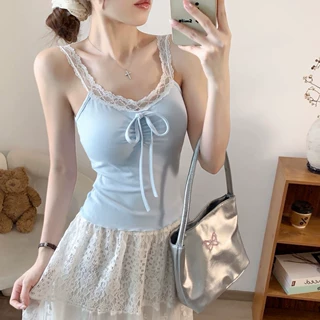 春夏纯欲甜辣妹蕾丝拼接吊带纯色带胸垫背心内搭单穿显瘦美背上衣