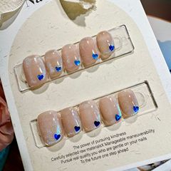 藍色愛心亮片藍眼淚貓眼可愛簡約小清新裸色短款純手工穿戴甲