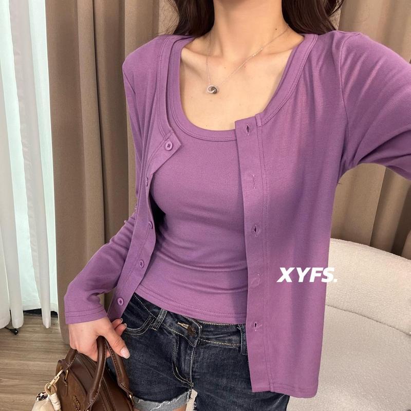 2025早秋新款背心+外套长袖单排扣圆领女包袖防晒短女装外搭气质|undefined