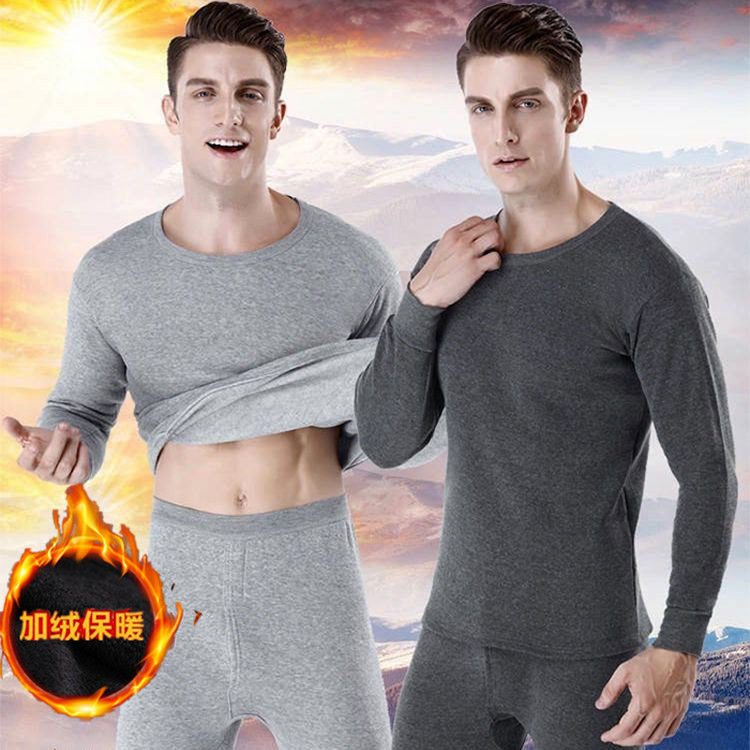 Traje térmico para hombre 2025, forrado de lana y grueso, ropa interior térmica ajustada de moda para invierno, cuello redondo, venta directa de fábrica.