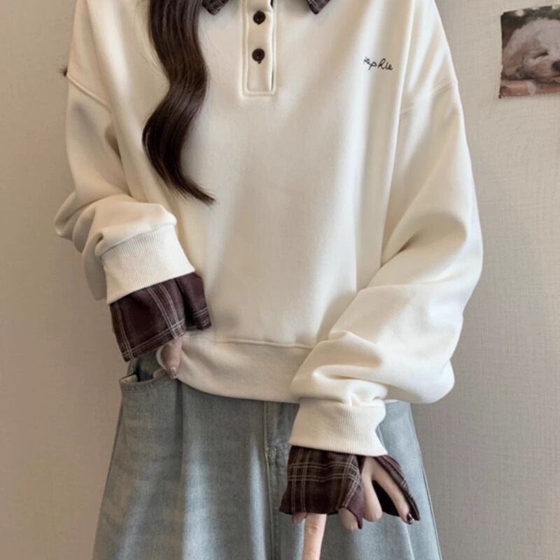 Plaid shirt combined with faux two-piece sweatshirt for women, autumn and winter, plus size, slimming, loose, Korean style, polo collar top Plaid shirt combined with faux two-piece sweatshirt for women, autumn and winter, plus size, slimming, loose, Korean style, polo collar top