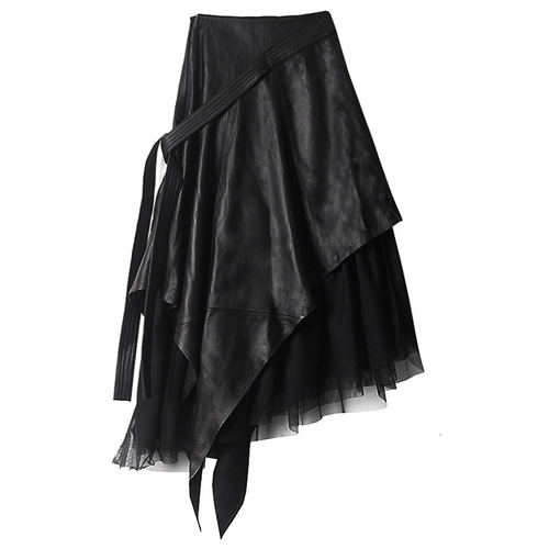 Retro dark style irregular skirt spring new PU leather mesh mesh high waist a line mid-length skirt trendy