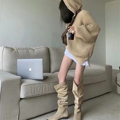 騎士靴女2023年太さと秋冬スタイルの西部靴高筒薄タイプのレトロでやせているしわの積み重ねブーツブーツ