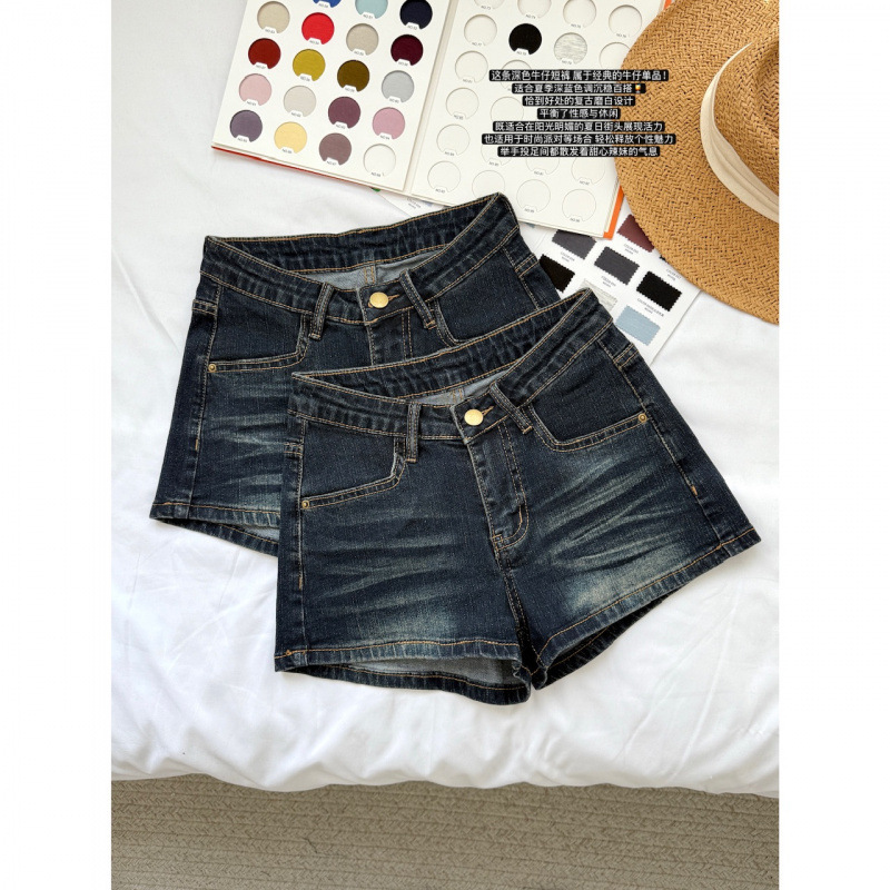Sena Korean-Style V-Waist Mid-Low Waist Skinny Denim Shorts, Slim Fit, Flattering, Hip-Hugging Hot Pants