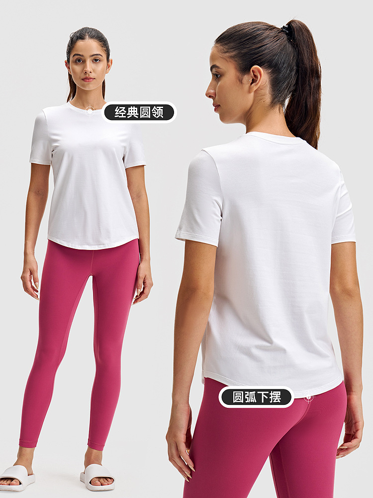 Camiseta de yoga casual lulu para mujer de manga corta deportiva clásica simple Lycra camiseta de cuello redondo de secado rápido transpirable de alta elasticidad