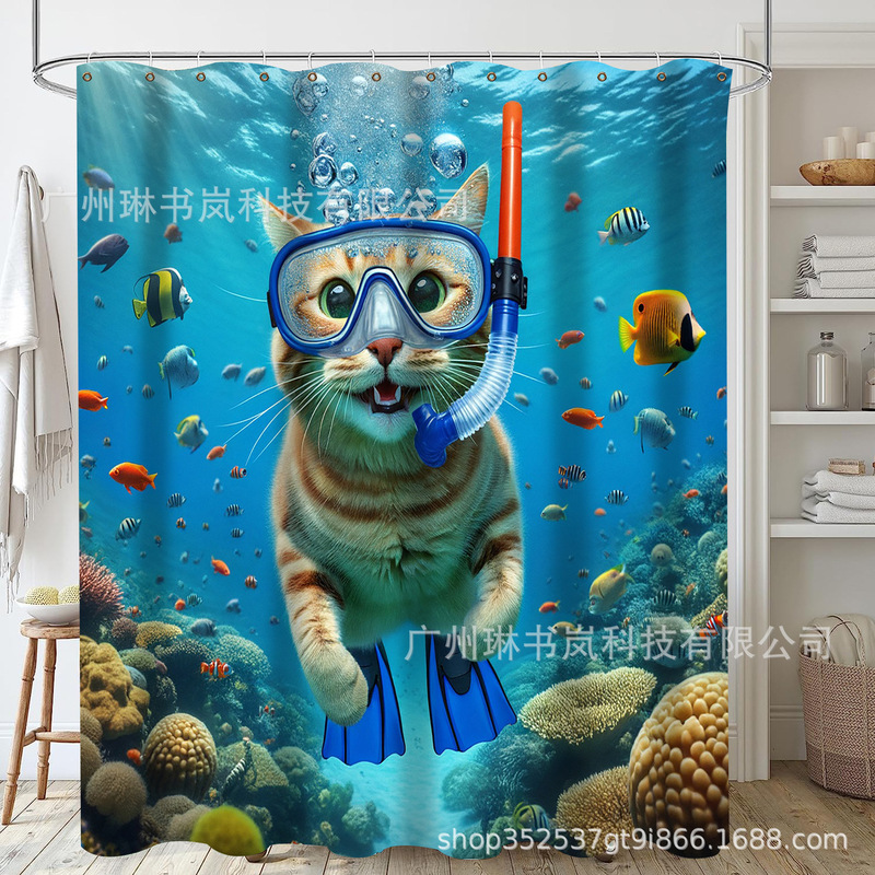 Amazon Temu Hot-Selling Funny Cat Diving Shower Curtain Polyester Digital Printing Shower Curtain Four-Piece Bathroom Curtain Set