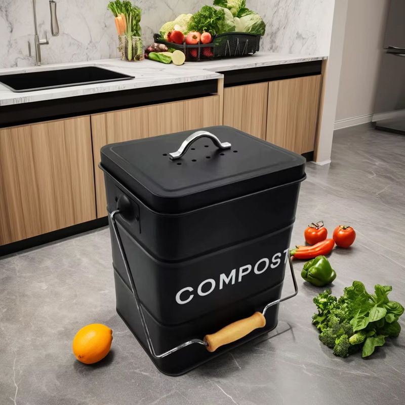 Cross-border Vegetable Metal Recycling Tank Household Square Fermentation Trash Bin with Lid Kitchen Wooden Handle Metal Pile Cross-border Vegetable Metal Recycling Tank Household Square Fermentation Trash Bin with Lid Kitchen Wooden Handle Metal Pile