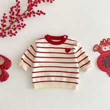 儿童加厚毛衣冬季2025新款女童条纹针织套头衫宝宝拜年服周岁衣服