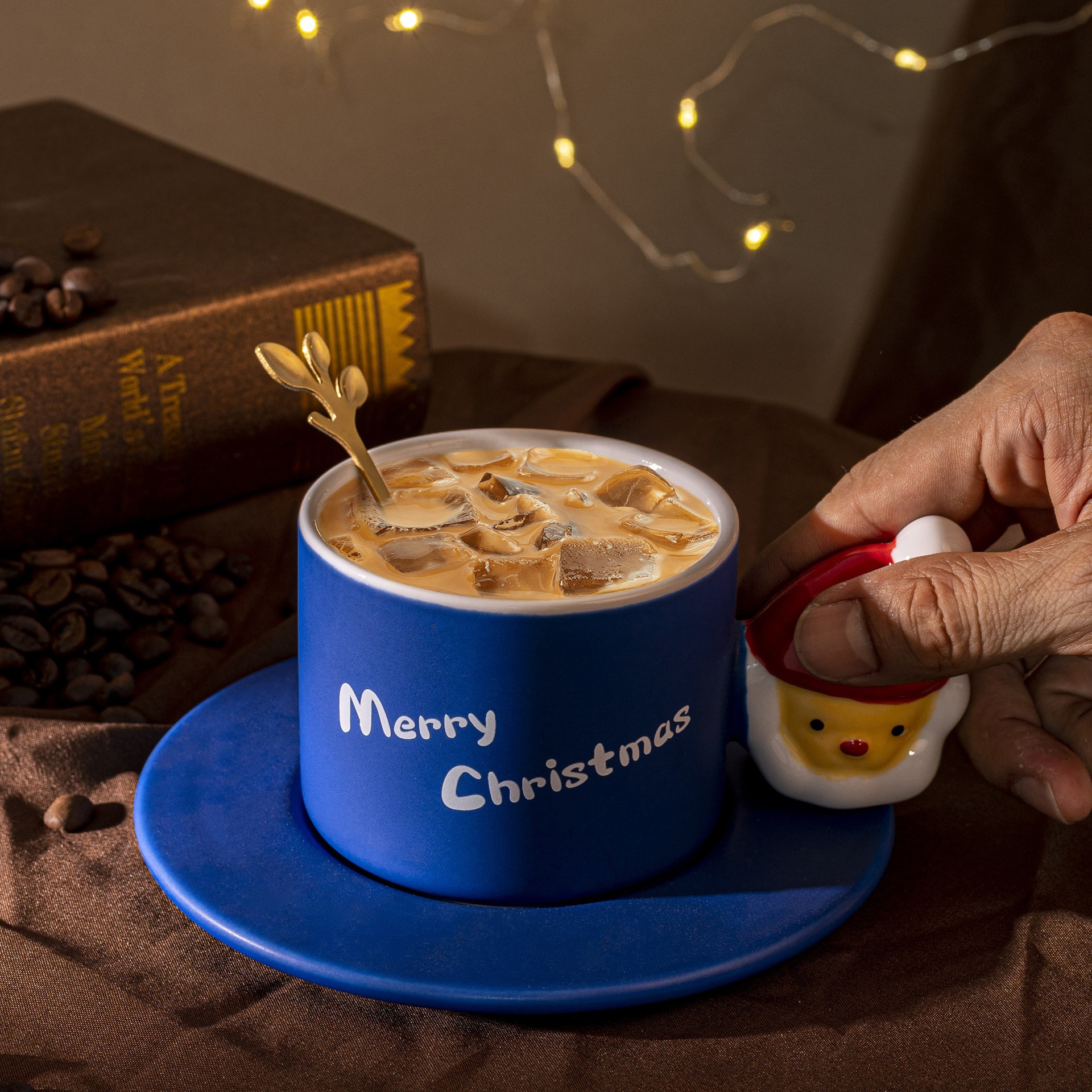 Creativo regalo de Navidad Red rojo de alto aspecto té de la tarde taza de café taza personalizada, plato y cuchara taza de combinación