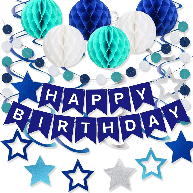 Boys' Birthday Party Decoration Flag Honeycomb Ball Round Pieces Flower Hollow Star Vortex Hanging suit Wholesale