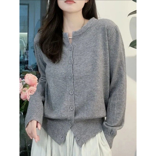 Early Autumn Soft and Chewy Thin Knit Cardigan for Women, Korean Style Round Neck Loose Short Sleeve Outerwear Top