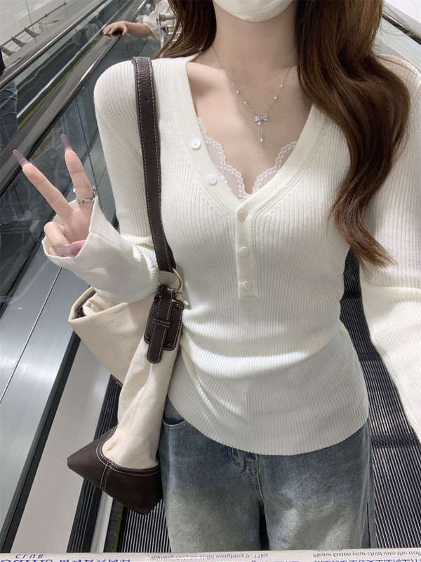 网红甜辣风深V纯欲针织衫上衣女秋季纽扣半开领紧身毛衣打底内搭|undefined