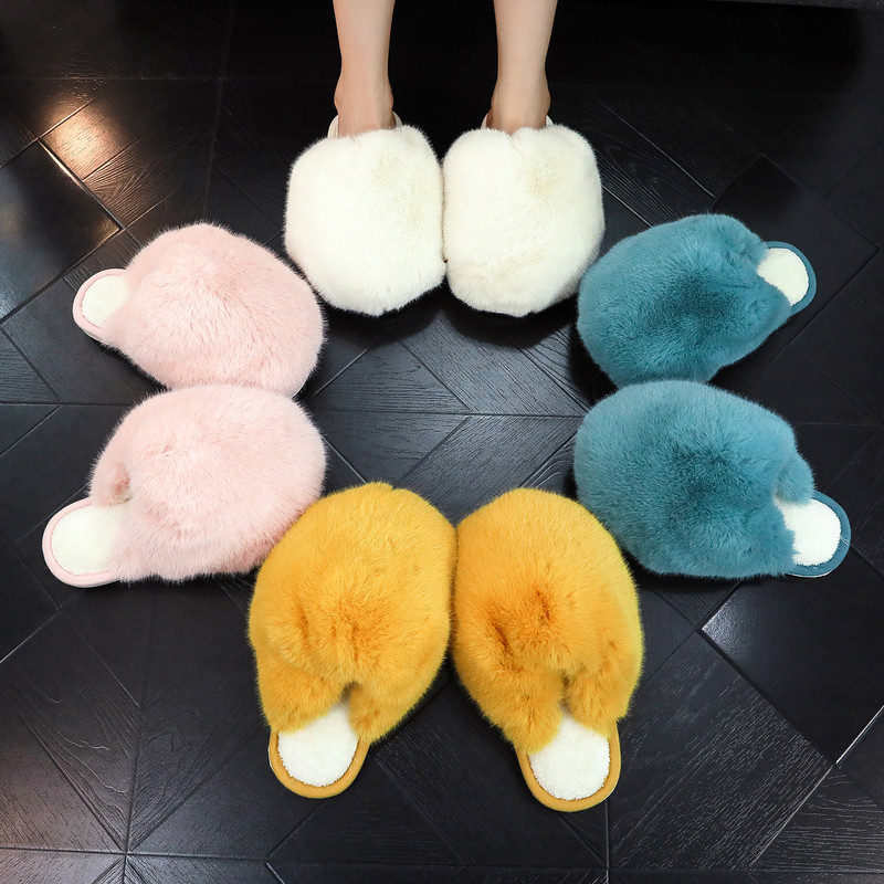 Cotton Slippers Women's Autumn and Winter Indoor Home and Household Warm Flat Non-slip fleece-lined Thickened Fluffy Plush Cotton Slippers