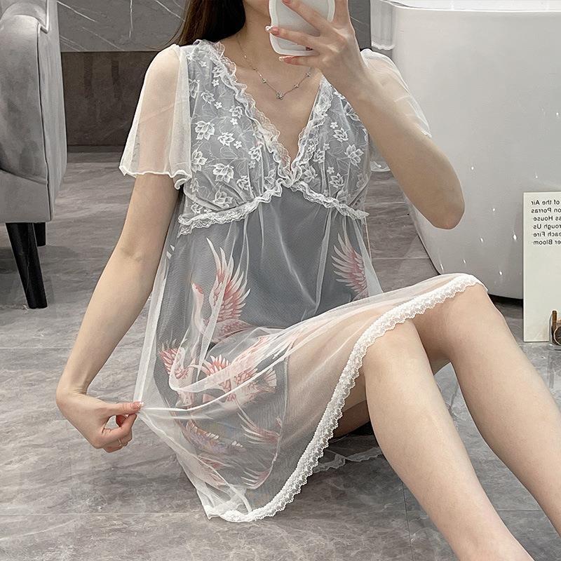 Pijamas de verano malla de hielo seda camisón chica dulce corte estilo grúa cuello en V manga corta vestido MIDI casa delgada