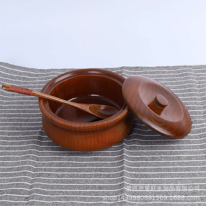 Suministro directo de fábrica de madera maciza japonés y coreano tazón de fideos instantáneos madera entera excavación tazón de madera grande con tapa anti-escaldado tazón de ensalada redonda en stock
