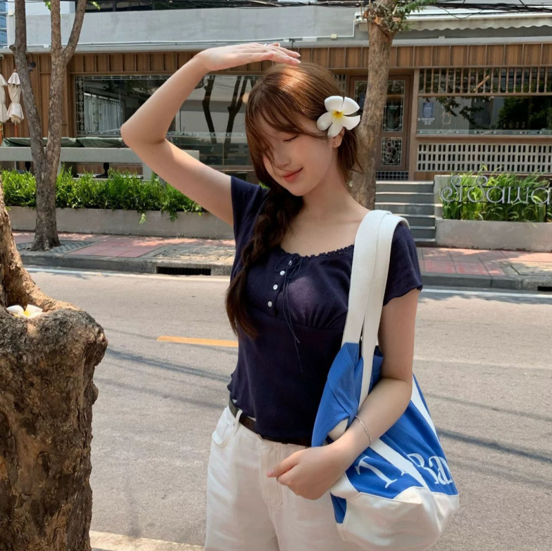 Korean the Barn*Et Summer New Lace-Trimmed Tie Slim-Fit Versatile Short-Sleeve T-Shirt