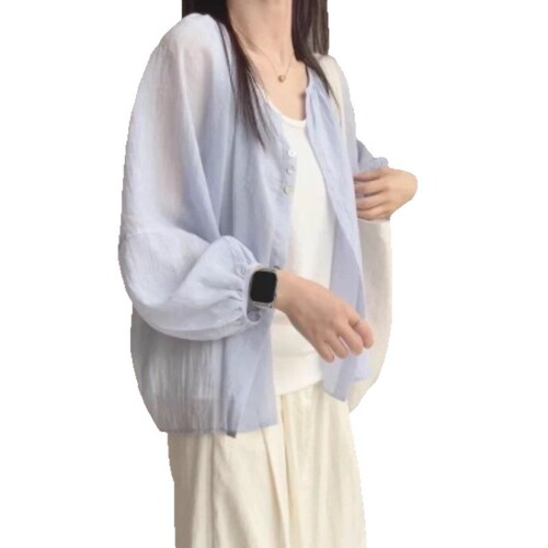 French-style gentle lavender silk-linen sun shirt for women, summer thin model, outerwear overlay tunic, loose bell sleeve blouses and coats
