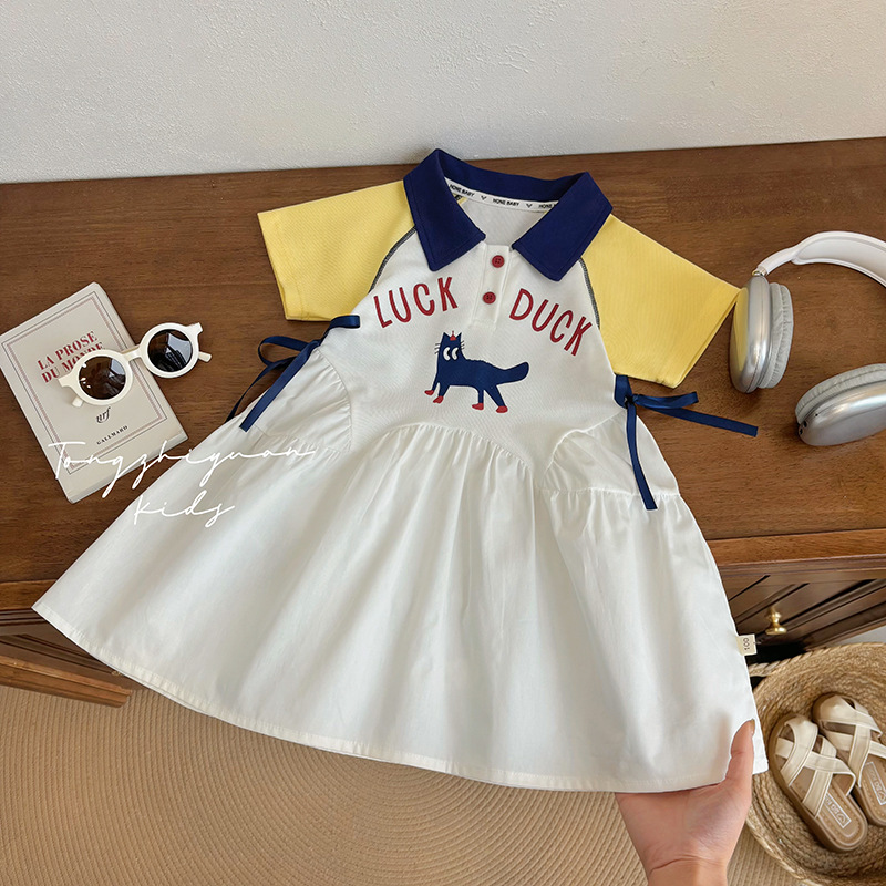 Girls Summer New POLO Collar Cute Cat dress Baby Girls Fashion Western Style Casual Trendy Brand