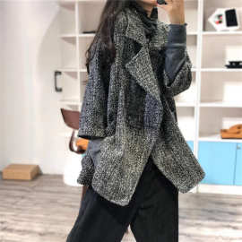 秋冬西装领做旧复古文艺宽松大码七分袖开衫毛呢风衣外套2025女装