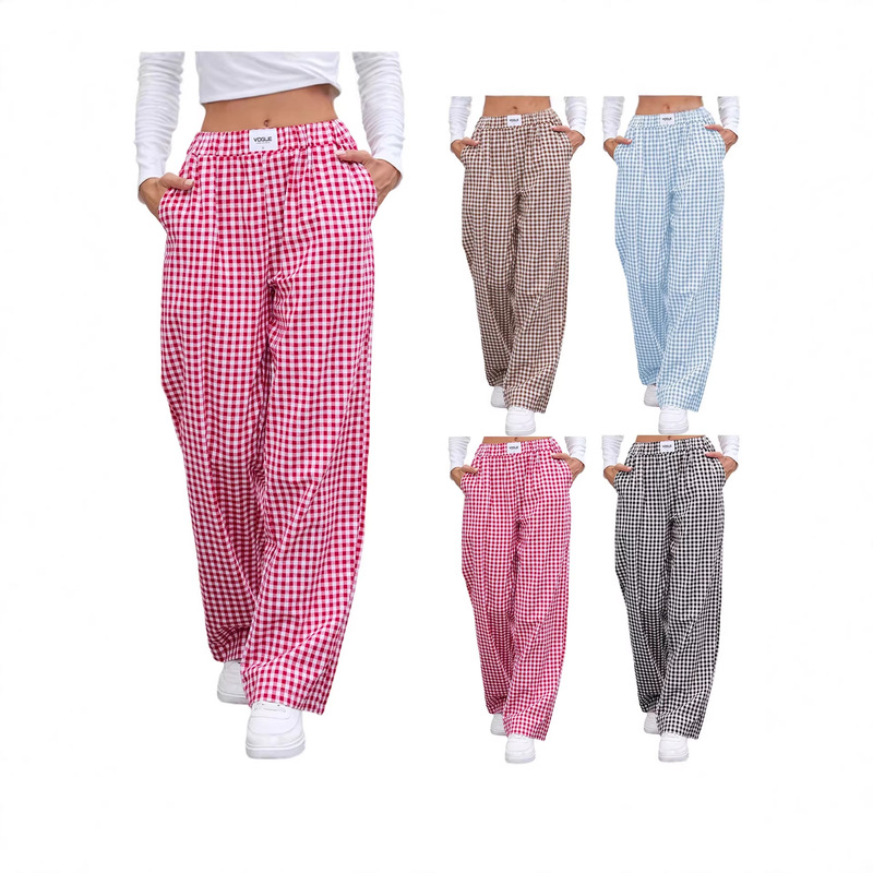 European and American Cross-Border Women's Clothing 2026 Amazon New Pure Cotton Plaid Casual Loose Pocket Long Pants for Women