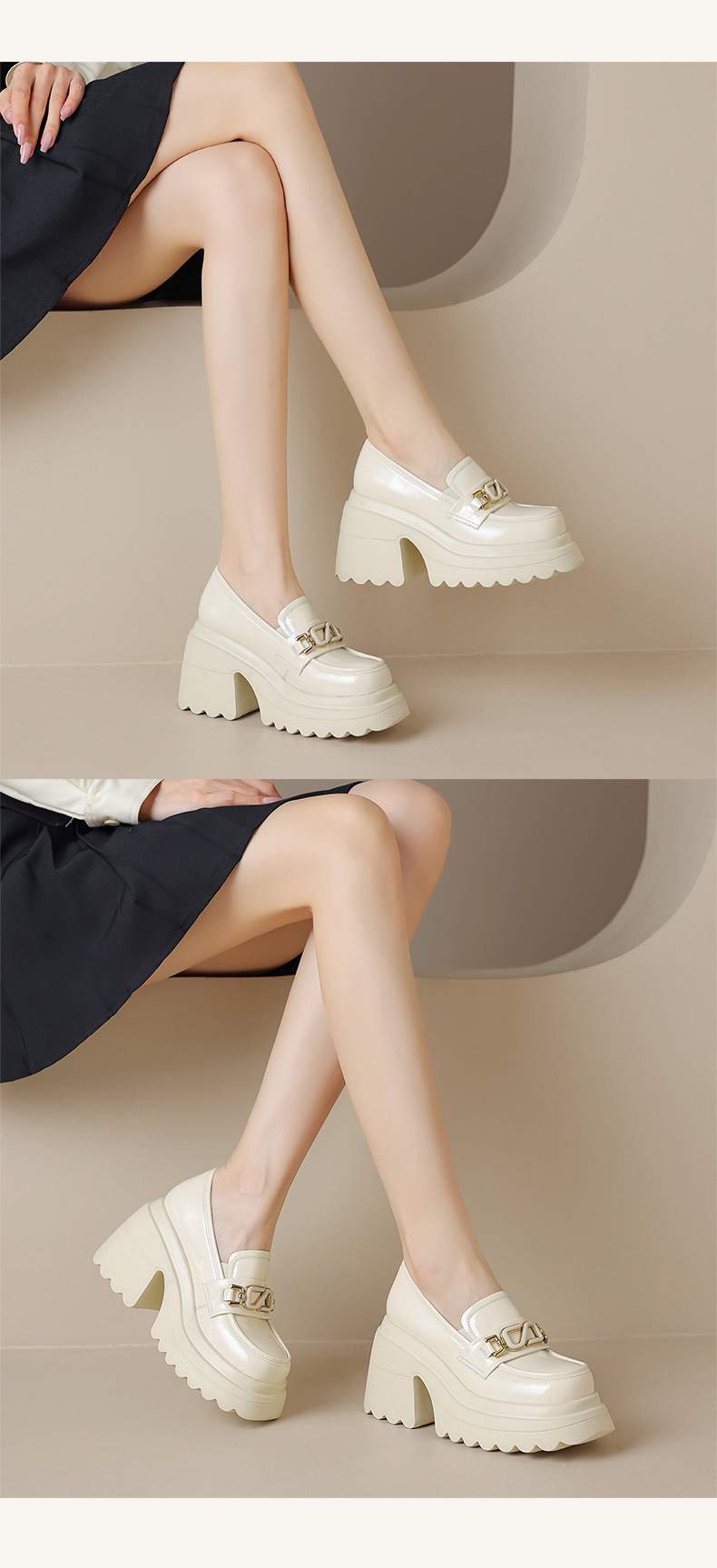 Giày loafer nữ đế xuồng cao gót mũi tròn kim loại – phong cách tăng chiều cao — Đen bóng, Be bóng chi tiết 9